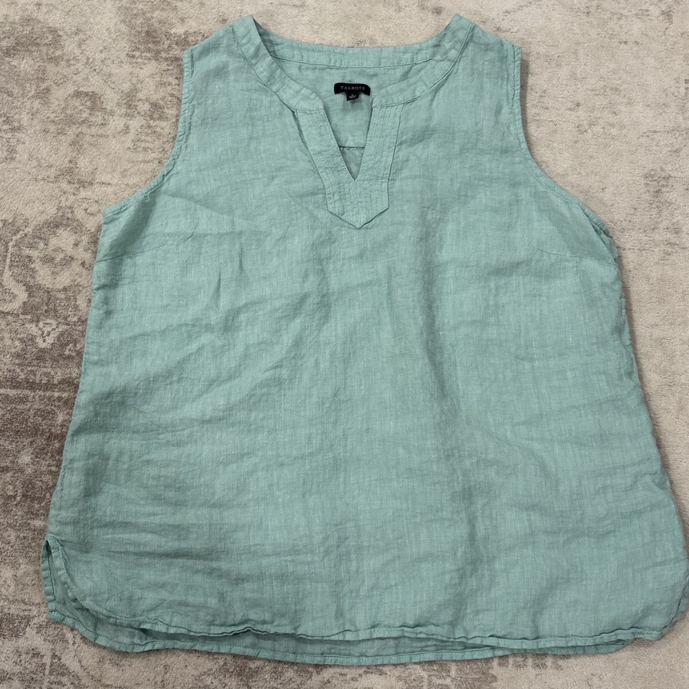 Talbots 100% Linen Top Womens Large Green Notch Neck Sleeveless Slits